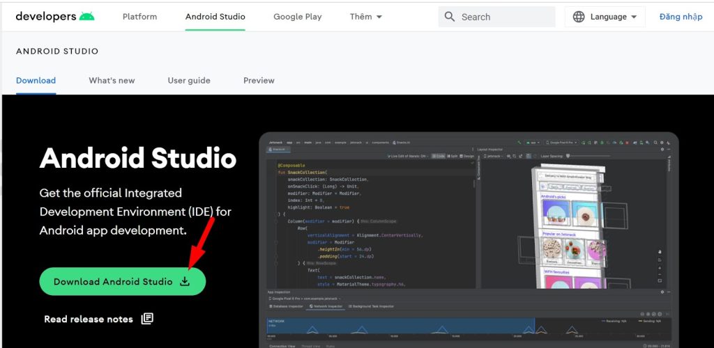 Bấm chọn Download Android Studio để cài app V8club trên Laptop / Máy tính / PC bằng Android Studio