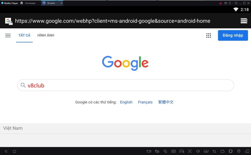 Nhập từ khóa "V8Club" vào khung tìm kiếm của trang chủ Google 